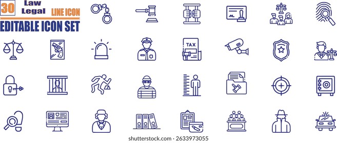 Law and justice line icons collection. Containing law firm, legal document, courtroom, scales of justice, gavel, legal research, attorney, judge and more. Vector illustration