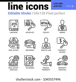 Law and Justice line icons - Editable Stroke, Pixel perfect thin line vector icons for web design and website application. Suitable for print, symbols, apps, infographics.