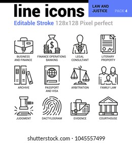 Law and Justice line icons - Editable Stroke, Pixel perfect thin line vector icons for web design and website application. Suitable for print, symbols, apps, infographics.