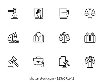 Law and justice line icons. Set of line icons on white background. Law concept. Gavel, rule, courtroom. Can be used for topics like judgement, law, government