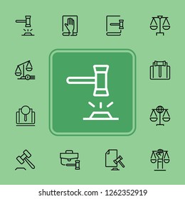 Law and justice line icons. Set of line icons on white background. Law concept. Gavel, rule, courtroom. Can be used for topics like judgement, law, government