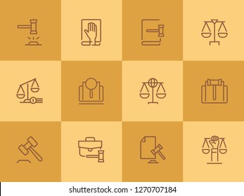 Law and justice line icons. Set of line icons on white background. Law concept. Gavel, rule, courtroom. Can be used for topics like judgement, law, government