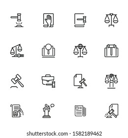 Law and justice line icons. Set of line icons on white background. Law concept. Gavel, rule, courtroom. Can be used for topics like judgement, law, government