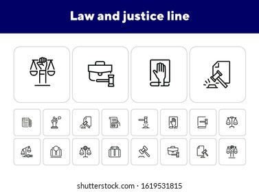 Law and justice line icons. Set of line icons on white background. Law concept. Gavel, rule, courtroom. Can be used for topics like judgement, law, government