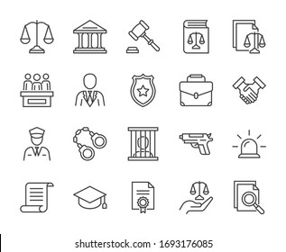 Law and justice line icons set vector illustration. editable stroke