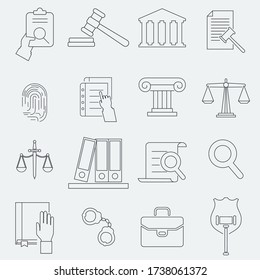 Law and justice line icons set. Contains such icon as arrest, courthouse, gavel, books, legal, and more.