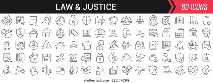 Law and justice linear icons in black. Big UI icons collection in a flat design. Thin outline signs pack. Big set of icons for design