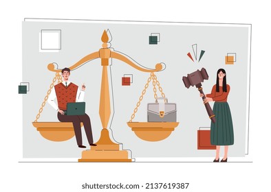 Law and justice. Man and woman next to scales, legislation. Lawyers team, modern copyright protection. Becoming legal advice, consultation. Symbol and metaphor. Cartoon flat vector illustration