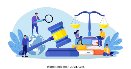 Law and Justice. Men discuss legal issues, people work on laptop near justice scales, judge gavel, wooden hammer. Supreme court. Lawyer consulting client. Legislation, civil regulation  svg