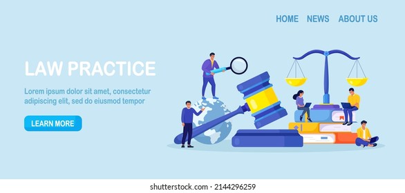 Law and Justice. Men discuss legal issues, people work on laptop near justice scales, judge gavel, wooden hammer. Supreme court. Lawyer consulting client. Legislation, civil regulation 