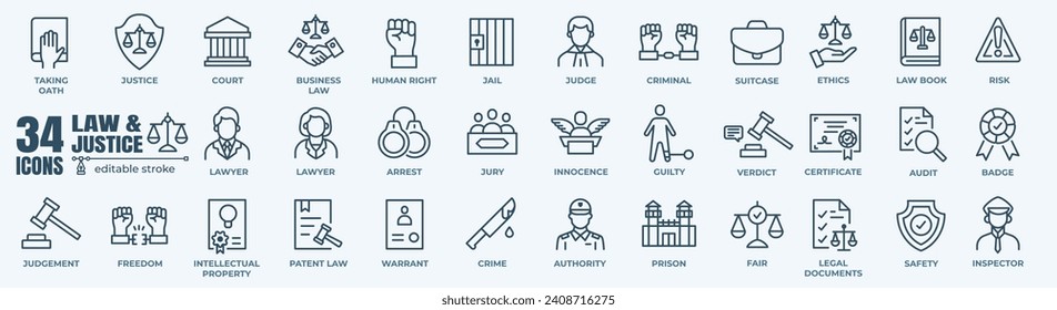 Law and justice  minimal thin line web icon set. Outline editable icons collection. Simple vector illustration.