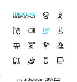 Law and Justice - modern vector simple thick line design icons set. Badge, quill, oath, stamp, document, scroll, seal, gavel, medal, laurels