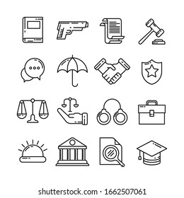 Law and justice monoline icon pack vector illustration