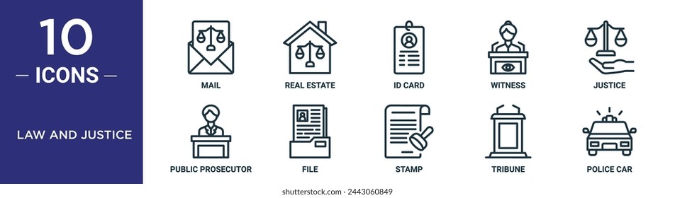 el conjunto de iconos de esquema de ley y justicia incluye correo de línea fina, bienes raíces, tarjeta de identificación, testigo, justicia, fiscal, iconos de archivo para informe, presentación, diagrama, diseño web