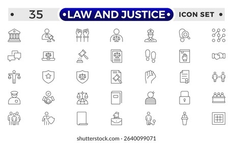 Law and Justice outline icon set. Court icon set. Containing Investigation, law, judgment, criminal, justice law, court legal, lawyer, criminal, prison and more. 
