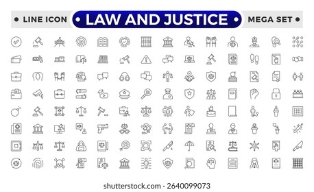 Law and Justice outline icon set. Court icon set. Containing Investigation, law, judgment, criminal, justice law, court legal, lawyer, criminal, prison and more. 
