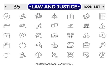 Law and Justice outline icon set. Court icon set. Containing Investigation, law, judgment, criminal, justice law, court legal, lawyer, criminal, prison and more. 
