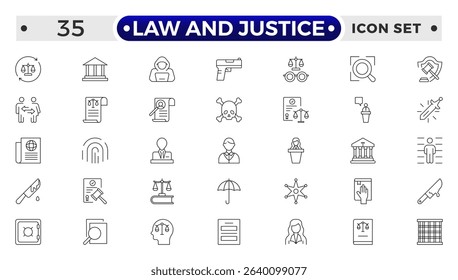 Law and Justice outline icon set. Court icon set. Containing Investigation, law, judgment, criminal, justice law, court legal, lawyer, criminal, prison and more. 
