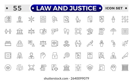Law and Justice outline icon set. Court icon set. Containing Investigation, law, judgment, criminal, justice law, court legal, lawyer, criminal, prison and more. 
