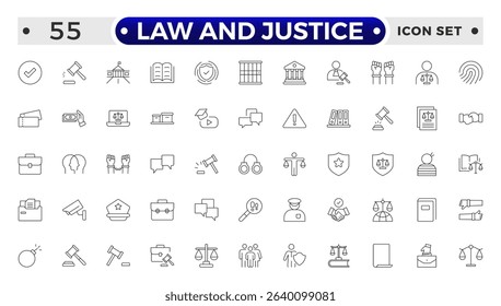 Law and Justice outline icon set. Court icon set. Containing Investigation, law, judgment, criminal, justice law, court legal, lawyer, criminal, prison and more. 
