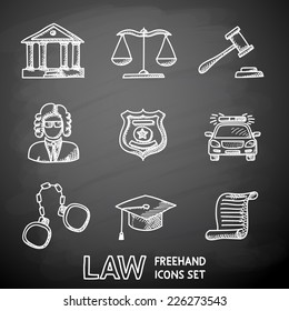 Law (justice) painted on black chalkboard icons set with - scales, hammer, court house, judge, police badge, handcuffs, lawyer cap, police car, sentence document.