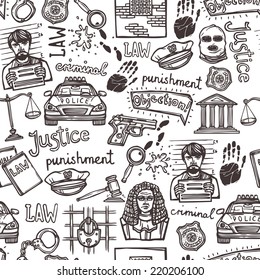 Law justice police and criminal icons sketch seamless pattern vector illustration