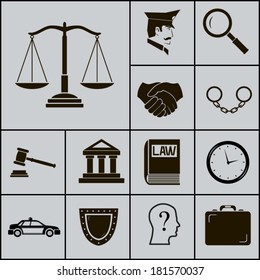 Law Justice Police Icons and Symbols Silhouette on Gray Background Vector Illustration