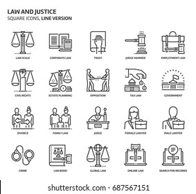 Law and justice related, pixel perfect, editable stroke, up scalable vector icon set.  svg