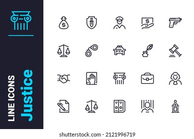 Law and justice related symbols icons set vector illustration. Hammer, legal scales, lawyer, courthouse line icon. Court of justice concept