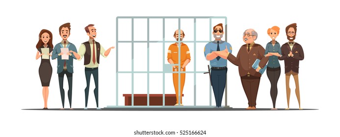 Law and justice retro cartoon poster with sentence announcement and convict behind bars white background vector illustration 