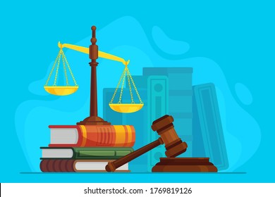 Law and justice. Scale justice and wooden judge gavel, auction symbol, legal law and judiciary, trials judgment, legislation vector concept. Justice legal, court and punishment illustration