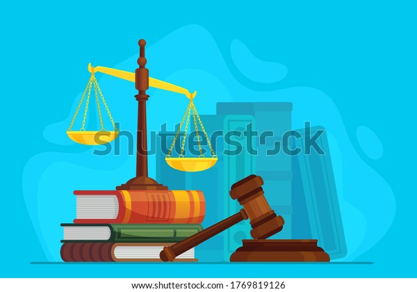 Law and justice. Scale justice and wooden\
judge gavel, auction symbol, legal law and judiciary, trials\
judgment, legislation vector concept. Justice legal, court and\
punishment illustration