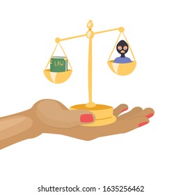 Law and justice with scales, law book and criminal cartoon vector illustration. Justice symbols background. Lawyers punishment and procedure.
