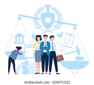 Law and justice scene. Lawyer learning, legal corporate support and personal help. Advisor character, advocat company recent vector concept