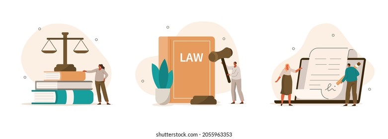 Law and justice scenes. Character signing legal contract, lawyer consulting client, judge knocking with wooden hammer. Legal advice concept. Flat cartoon vector illustration and icons set.