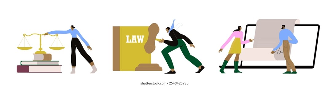 Cenas da lei e da justiça. Personagem assinando contrato legal, advogado consultando cliente, juiz batendo com martelo de madeira. Conceito de aconselhamento jurídico. Ilustração de vetor de desenho animado plano e conjunto de ícones.