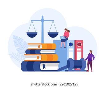 Law and justice scenes. lawyer consulting client, judge knocking with wooden hammer. Legal advice concept. Flat vector illustration banner