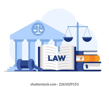 Law and justice scenes. lawyer consulting client, judge knocking with wooden hammer. Legal advice concept. Flat vector illustration banner