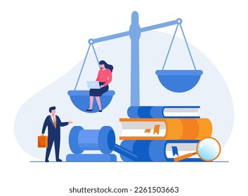 Law and justice scenes. lawyer consulting client, judge knocking with wooden hammer. Legal advice concept. Flat vector illustration banner