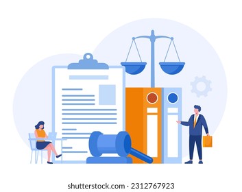 Law and justice scenes. lawyer consulting client, judge knocking with wooden hammer. Legal advice concept. Flat vector illustration banner