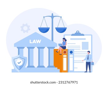 Law and justice scenes. lawyer consulting client, judge knocking with wooden hammer. Legal advice concept. Flat vector illustration banner