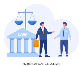 Law and justice scenes. lawyer consulting client, judge knocking with wooden hammer. Legal advice concept. Flat vector illustration banner for website