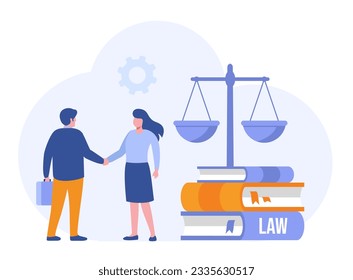 Law and justice scenes. lawyer consulting client, judge knocking with wooden hammer. Legal advice concept. Flat vector illustration banner for website