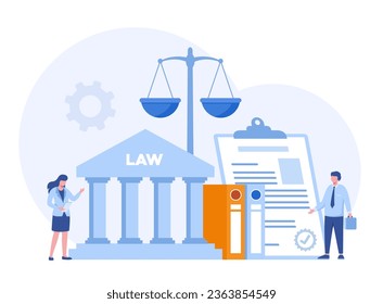 Law and justice scenes. lawyer consulting client, judge knocking with wooden hammer. Legal advice concept and consultation. Judgment. Flat vector illustration for banner and website