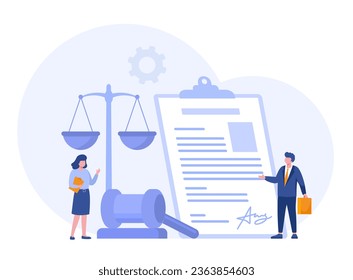 Law and justice scenes. lawyer consulting client, judge knocking with wooden hammer. Legal advice concept and consultation. Judgment. Flat vector illustration for banner and website