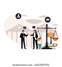 Law and justice scenes. lawyer consulting client, judge knocking with wooden hammer. Legal advice concept. Flat vector illustration.
