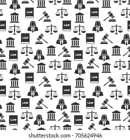 Law and justice seamless pattern. Balance and court, gavel and judge, vector illustration