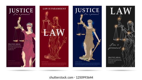 law and justice set of flyers with lady justice linear illustration, premium segment