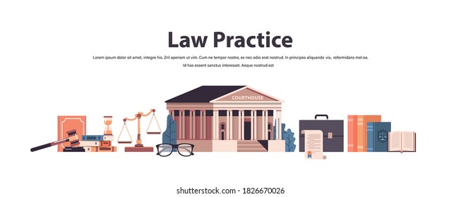 law and justice set gavel judge books scales courthouse icons collection horizontal copy space vector illustration