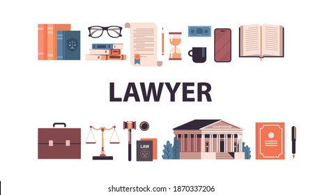 law and justice set gavel judge books scales courthouse icons collection horizontal vector illustration